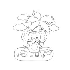 Kids coloring book with cute elephant palm tree clouds. Simple shapes, contour for small children. Cartoon vector illustration.
