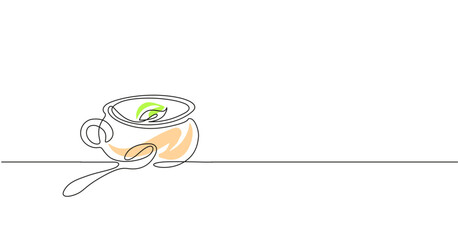 One line vector illustration of the bowl with soup and a spoon nearby.