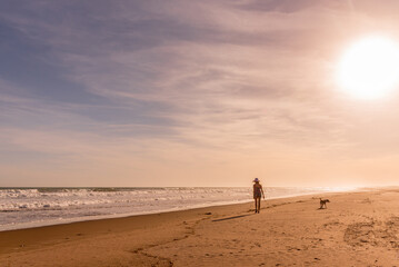 Fototapeta na wymiar Woman walking with her dog on the beach.
