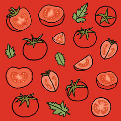 collection of hand drawn tomato pattern background vector illustration. Seamless red background wallpaper texture with tomatoes, and leaf