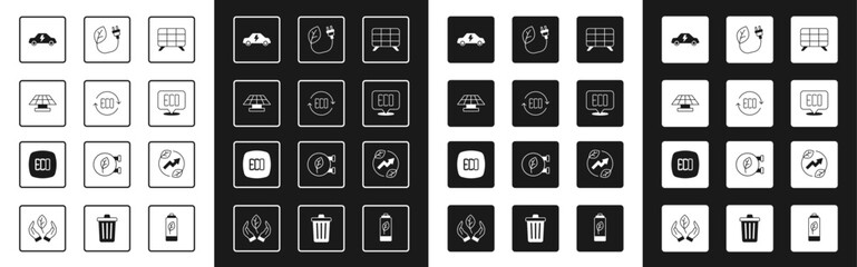 Set Solar energy panel, Leaf Eco symbol, Electric car, saving plug in leaf, and icon. Vector