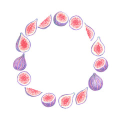 Hand drawn pastel chalk sweet purple colored fig fruits as round circle mock up with copy space in the middle.White
