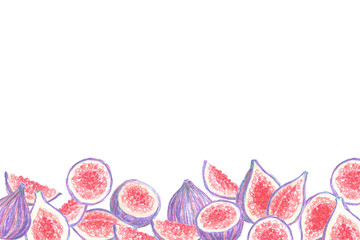 Pastel chalk hand drawn sweet ripe purple figs mock up with copy space.Summer fruits background for...