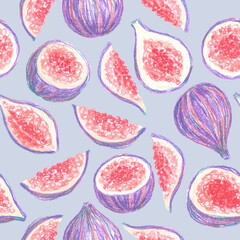 Hand drawn seamless pattern with purple violet ripe appetizing sweet fig fruits as summer food background.Bright tropical fruit isolated on blue,design, wallpaper,textile, wrapping paper