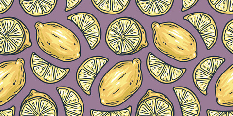 Summer exotic wallpaper with yellow lemons fruits. Seamless pattern with lemon