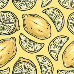 Summer exotic wallpaper with yellow lemons fruits. Seamless pattern with lemon