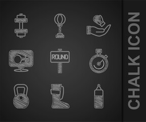 Set Boxing ring board, Sport boxing shoes, Punching bag, Stopwatch, Weight, glove, and Dumbbell icon. Vector