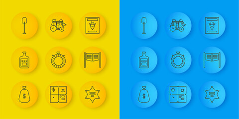 Set line Money bag, Whiskey bottle, Canteen water, Hexagram sheriff, Saloon door, Shovel, Wanted western poster and Western stagecoach icon. Vector
