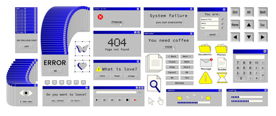 Big set in retro style. Old computer aestethic elements. Nostalgia for 1990s -2000s. Retro pc user interface in trendy in a realistic style. Vector illustration. Isolated white background