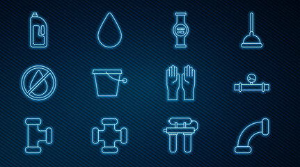 Set line Industry metallic pipe, and manometer, Water, Bucket, drop forbidden, Container with drain cleaner, Rubber gloves and icon. Vector