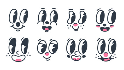 Cartoon funny faces. Retro 30s comic mascot emotions, caricature characters with mouths and eyes. Flat vector symbols illustrations set
