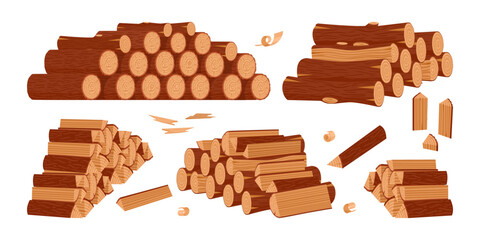 Firewood wooden logs. Cartoon stacked bonfire firewoods, bonfire wooden logs. Wood industry materials flat vector symbols illustration set