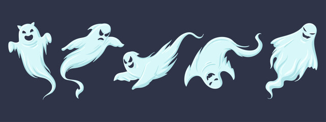 Halloween ghosts. Spooky ghosted spirits, flying mysterious phantoms. Scary night shadows and naughty phantom ghosts flat vector illustrations set