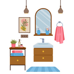 Modern bathroom interior. Bathroom with sink and furniture, scandinavian style bathroom scene. Flat vector background illustration