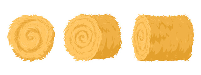 Rolled haycock. Agricultural straw stack, bale of hay from different angles. Rural haystack, dried farm haystack flat vector illustration set © GreenSkyStudio