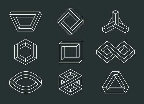 Impossible optical illusion geometric shapes. Unreal abstract elements. Visual delusion figures flat vector illustration set