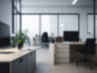 Blurred office workspace interior with modern style, workplace with cityscape, business presentation background, professional background, blurry background, ai generated