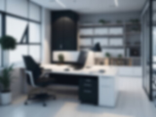 Blurred office workspace interior with modern style, workplace with cityscape, business presentation background, professional background, blurry background, ai generated
