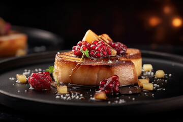 Exquisite Delights: Seared Foie Gras with Red Fruits, a Gourmet Dish of Michelin-Starred Restaurant. Culinary Artistry at its Finest AI GENERATIVE - obrazy, fototapety, plakaty