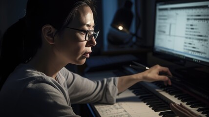 Music Composer Female Asian Middle-Aged Writing and arranging music scores for film, TV, or video games in Home studio. Generative AI AIG22. - obrazy, fototapety, plakaty