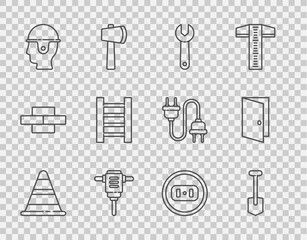 Set line Traffic cone, Shovel, Wrench spanner, Electric rotary hammer drill, Worker safety helmet, Wooden staircase, Electrical outlet and Closed door icon. Vector