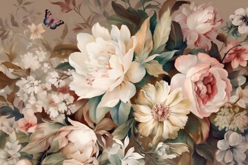 wallpaper background delicate watercolor peony pattern leaf flower illustration seamless design. Generative AI.