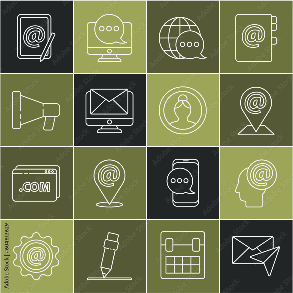 Poster set line envelope, mail and e-mail, location, world map made from speech bubble, monitor envelope, m