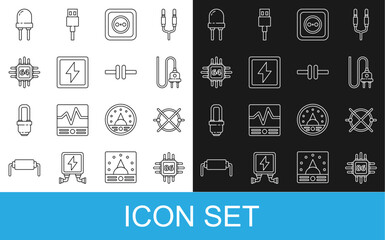 Set line Processor with microcircuits CPU, Electric scheme, plug, Electrical outlet, Lightning bolt, emitting diode and icon. Vector
