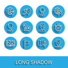 Set line City map navigation, Location marker, Globe with flying plane, Folded push pin, Route location, Compass and Map pointer star icon. Vector
