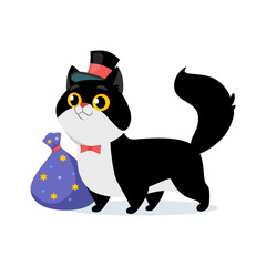 A cute magic cat in a hat and bow tie with a bag isolated on a white background. Icon of a black and white kitten magician character for the design of cards and stickers. Cartoon vector illustration.