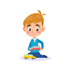 A little boy is playing with a toy car model isolated on white background. Icon of a happy, smiling child sitting on the floor playing with a toy truck. Cartoon vector illustration.