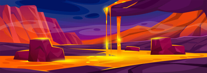 Landscape view of a lava flow with cracked ground. Background of a volcano eruption for a game-level design. A cave with magma flowing over a cliff, rocks, and stones. Cartoon vector illustration.