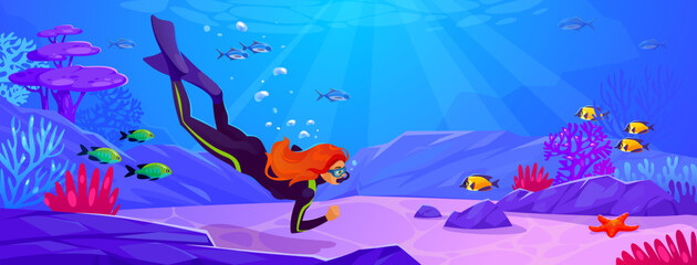 Obraz premium A woman diving with a snorkel, goggles and a swimsuit exploring the ocean. A female diver is swimming over a beautiful coral reef with tropical fish deep underwater. Cartoon vector illustration.