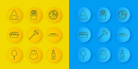 Set line Cotton candy, Chicken nuggets in box, Lollipop, Bottle of water, Bread loaf, Onigiri, Pizza and Potatoes french fries icon. Vector