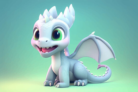 Super cute blue little baby dragon with big eyes and wings. Fantasy monster. Сartoon character. Fairy tale. On solid background. 3d digital illustration for children