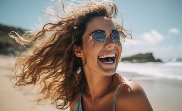 woman laughing on the beach stock shot, in the style of explosive pigmentation, light white and brown, jewish culture themes, sony alpha a7 iii, lively facial expressions, contest winner, heatwave