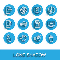 Set line Online ordering and delivery, Coffee cup to go, Food, noodles, Paper glass with water, burger, and icon. Vector