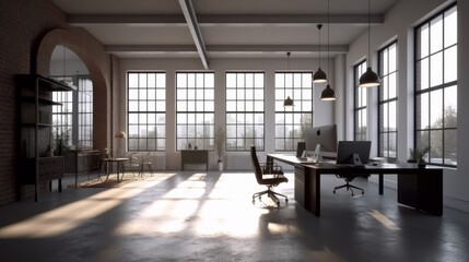 Obraz premium Spacious office interior with city skyline view, suitable for business discussions. Created by AI for authenticity