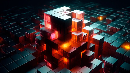 abstract background with glowing cube lights. Multi-color gradient technology concept. Generative ai edited