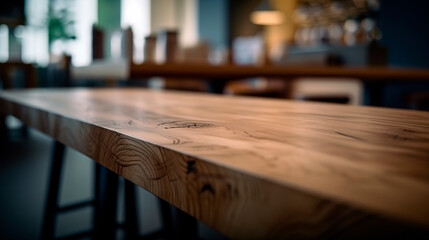 wooden table setup, perfect for a cafe or restaurant decor. Empty wood table top on blur light bokeh of cafe, coffee shop or restaurant in dark background. Generative ai	