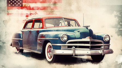 Vintage blue American car with flag background created with Generative AI