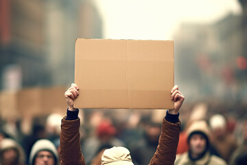 Protestors on the street holding blank cardboard banner sign. Global strike for change, generative ai edited