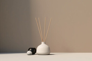 Serene image of reed diffuser illuminated by soft sunlight on table top