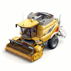 Fototapeta premium Yellow agricultural combine harvester, 3d render, on white background, AI generated