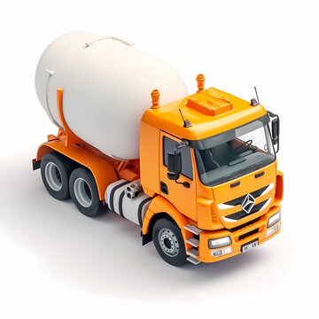 Orange cement mixer truck, 3d render, on white background, AI generated