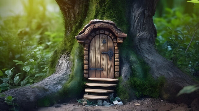 magic wooden fairy door in tree trunk, abstract natural background. Fairytale tree house in green woodland, pixie and elf home. mystery forest. template for design