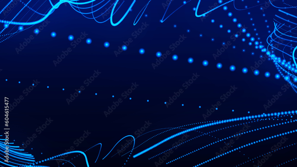 Poster dynamic wave of glowing particles. data flow information. concept of digital communication. technolo