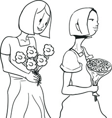 Two young ladies with flowers in their hands