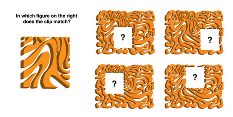 IQ test question with one main graphic given on the left side and four options from which the clip is missing. The correct option is bottom left one.