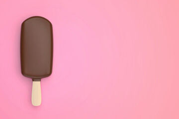 Chocolate coated ice cream on pink background, top view